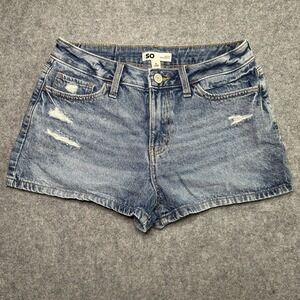 SO Mid Rise Relaxed Shortie Denim Shorts 9 29W Blue Distressed Denim